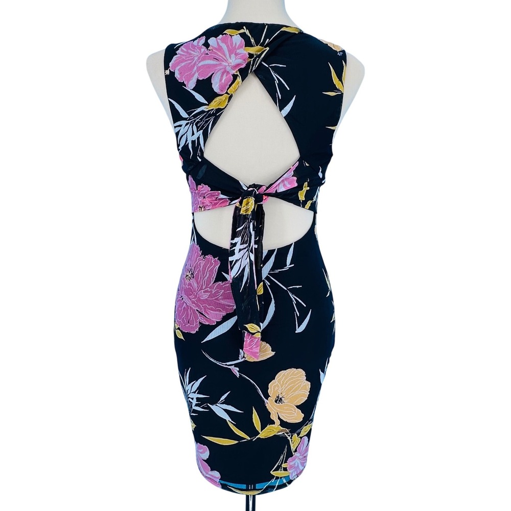 GUESS Womens Gabriella Black Floral Mesh Ruched Bodycon Tie Back Dress Resort - Picture 2 of 12